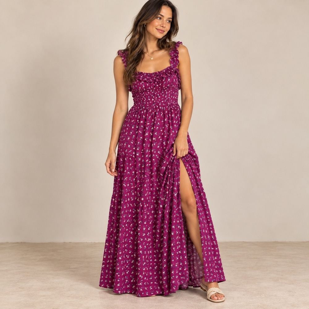Loft Magenta Floral Ruffle Sleeveless Maxi Dress Size 14 Purple Boho Slit